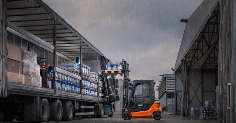 Toyota 48 Volt electric forklift loading lorry outdoor